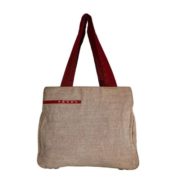 AuthenticāPrada Canvas Tote w/Beige & Red Tint w Logo Handbag - Picture 1 of 15